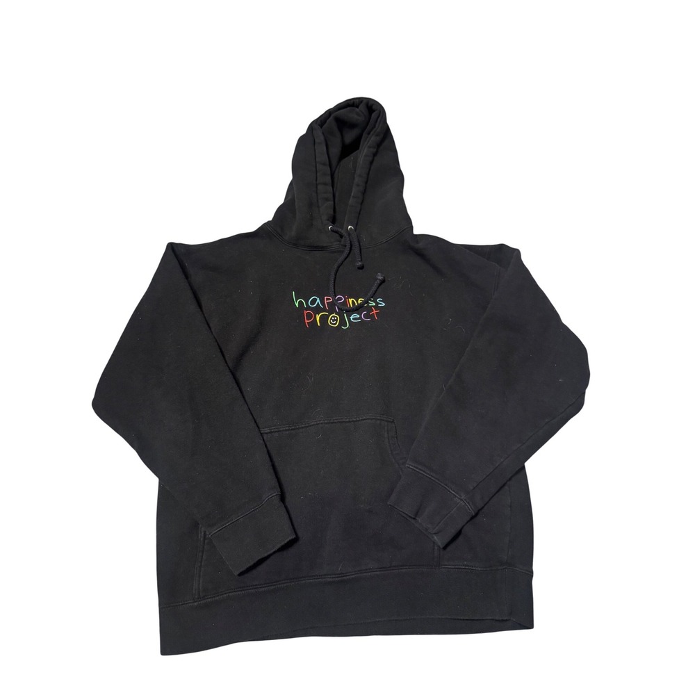Happiness Project Black‎ Hoodie Rainbow Embroidered Logo Smiley Face Mens Large